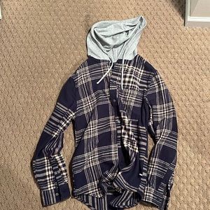 Edgar and Ash Flannel Button Up Hoodie Small Dark Blue cream stripes grey hood.